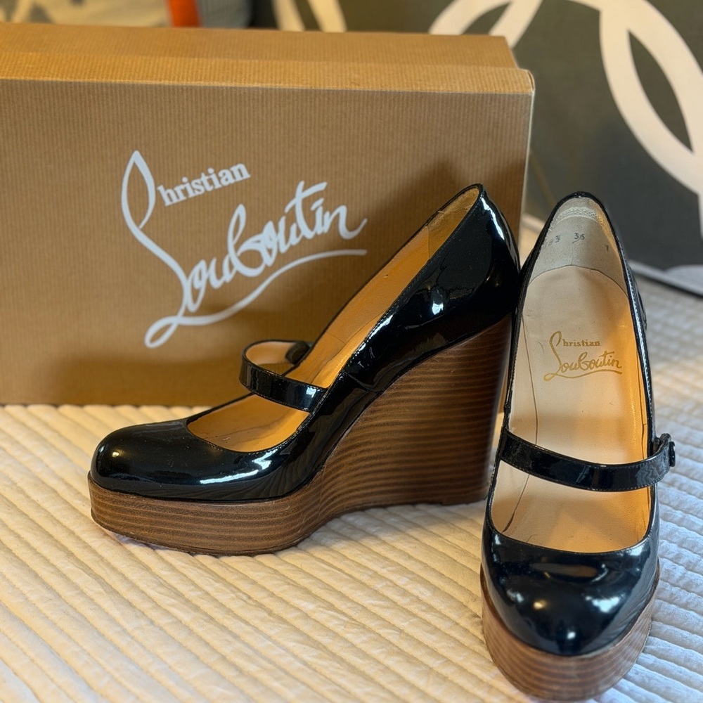 Christian Louboutin Black Patent Mary Jane Wedge Pumps with Wood-Effect Platform